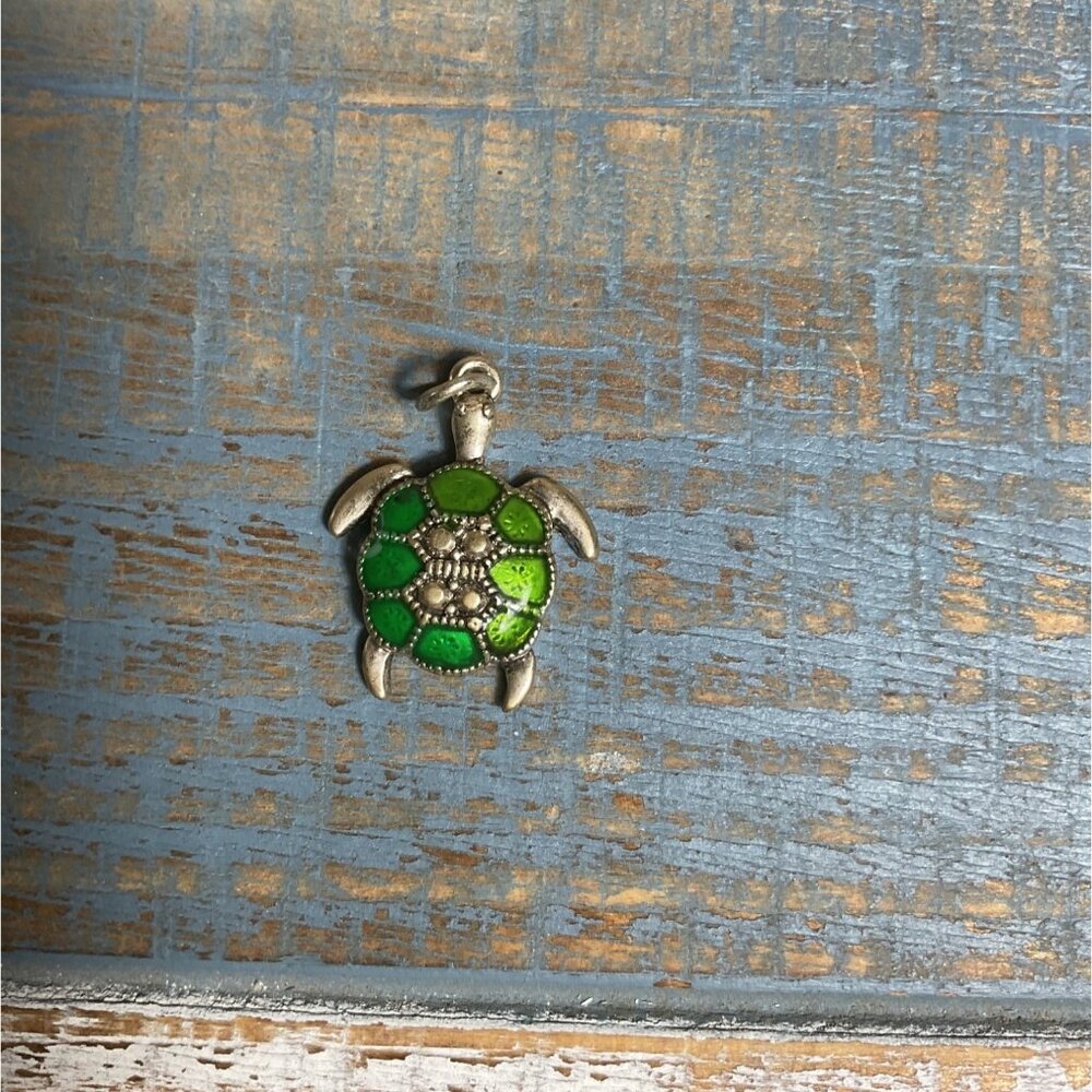 Turtle Pendant Charm Green & Silver Metal